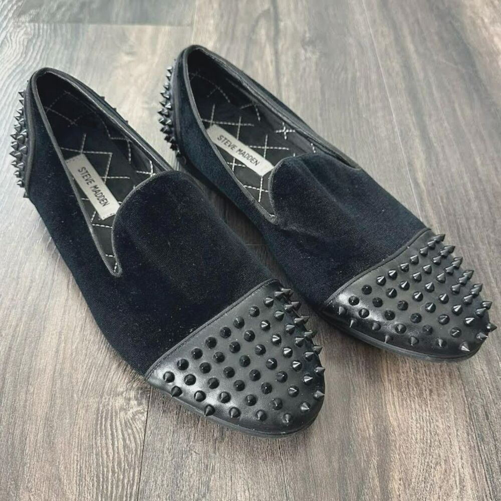 Vintage Steve Madden Cachet Loafers Velvet Black Spiked Cap Toe Slip On Men's 9